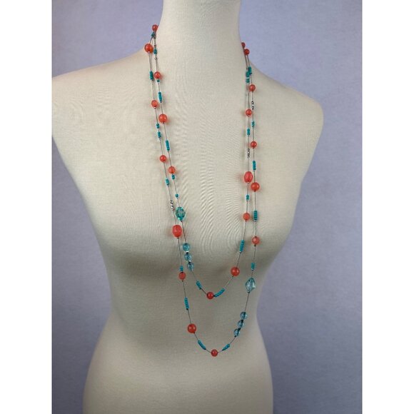 Charming Charlie Jewelry - Charming Charlie Coral Turquoise Silver Tone Beaded Necklace Long Adjustable